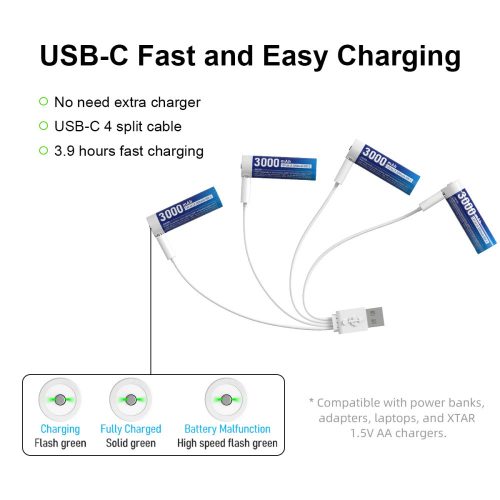 XTAR 4 AA 1,5V 3000mAh USB-C wiederaufladbare Lithium-Batterien