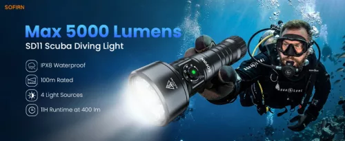 Sofirn SD11 Tauchlampe, 5000LM, CRI 90, wiederaufladbare wasserdichte Taschenlampe mit 660NM Rotlicht, 3000K-6500K, USB-C, IPX8, mit 1/4"-Halterung, Lanyard, für Unterwasserfotografie, Angeln, Wasserarbeiten