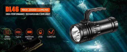 Wurkkos DL46 Taucherlampe, 20000 Lumen, USB-C wiederaufladbar, 30000 mAh Akku, Powerbank-Funktion